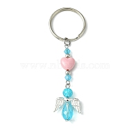 Glass & Acrylic Pendant Keychain, with Iron Split Key Rings, Heart & Angel, Dark Turquoise, 8.1~8.2cm(KEYC-JKC00642-03)