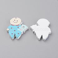 Printed Natural Wooden Beads, Dyed, Baby & Bear, Light Sky Blue, 35x28x4.5mm, Hole: 1.5mm(WOOD-S037-091A)