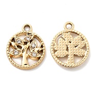 UV Plating Alloy Pendants, with Crystal Rhinestone, Flat Round with Tree Charms, Golden, 18x15x2mm, Hole: 1.7mm(ALRI-M020-15G)