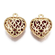 Brass Pendants, with Glass Rhinestone Inside, Hollow, Nickel Free, Heart, Real 18K Gold Plated, 20x17x7mm, Hole: 1.8mm(KK-S356-371-NF)