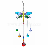 Glass Teardrop Pendant Decoration, with Iron Findings and Alloy Dragonfly Link for Home Garden Decoration, Colorful, 410x148mm(INSE-PW0002-02)