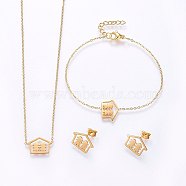 304 Stainless Steel Jewelry Sets, Pendant Necklaces & Stud Earrings & Bracelets, House with Girl, Golden, 16.54 inch(42cm), 7-1/8 inch(18cm), 11x15x1mm, Pin: 0.8mm(SJEW-H138-06G)