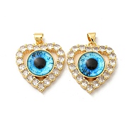 Real 18K Gold Plated Brass Pendants, with Glass and Acrylic, Heart with Evil Eye Charms, Deep Sky Blue, 26x22.5x7mm, Hole: 4.5x3.5mm(KK-L209-005G-05)