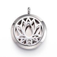 316 Surgical Stainless Steel Diffuser Locket Pendants, with Perfume Pad and Magnetic Clasps, Flat Round with Lotus, Stainless Steel Color, Mixed Color, 36.5~37x30x6~6.5mm, Hole: 5mm, inner diameter: 23mm(STAS-P102-065)