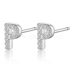 Anti-Tarnish Rhodium Plated 925 Sterling Silver Initial Letter Stud Earrings, with Cubic Zirconia, Platinum, Letter P, 5x5mm(HI8885-16)