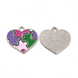 Alloy Enamel Pendants, Heart with Autism Puzzle Pattern Charm, Platinum, Colorful, 19x20.5x1mm, Hole: 2mm(ENAM-J650-01P-02)