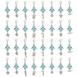 32Pcs 8 Styles Synthetic Turquoise Beads & Alloy Sea Animal Pendant Decorations, with Zinc Alloy Lobster Claw Clasps, Shell Shape/Starfish/Tortoise, Antique Silver, 52~66mm, 4pcs/style(HJEW-CA00068)