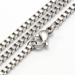 Trendy Men's 304 Stainless Steel Box Chain Necklaces, with Lobster Clasps, Stainless Steel Color, 17.7 inch(44.9cm), 1.9mm(NJEW-M049-C-02)