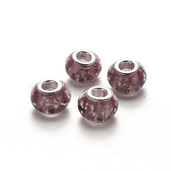 Handmade Luminous Lampwork European Beads, Glow In The Dark, Large Hole Beads, with Platinum Tone Brass Double Cores, Rondelle, Rosy Brown, 14~15x10~11mm, Hole: 5mm(LPDL-N001-009-C09)