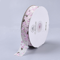 Flower Pattern Printed Polyester Organza Ribbons, MistyRose, 1inches(25mm); about 100yards/roll(ORIB-Q035-06)