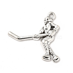 Tibetan Style Alloy Pendants, Hockey Player Charms, Antique Silver, 26.5x26x3mm, Hole: 1.5mm(PALLOY-M198-09AS)