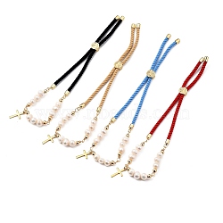 Adjustable Nylon Cord Slider Bracelets, Bolo Bracelets, with Natural Pearl Beads, 304 Stainless Steel Cross Charms and Brass Beads, Mixed Color, Inner Diameter: 1-5/8~3-7/8 inch(4~10cm)(BJEW-JB05453)