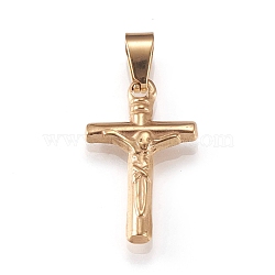 201 Stainless Steel Pendants, For Easter, Crucifix Cross, Golden, 19.5x12x3mm, Hole: 8x3mm(STAS-N096-14G)