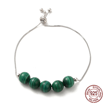 Rhodium Plated 925 Sterling Silver Slider Bracelets, with Synthetic Malachite Round Beaded, with S925 Stamp, Real Platinum Plated, 8-5/8 inch(22cm)