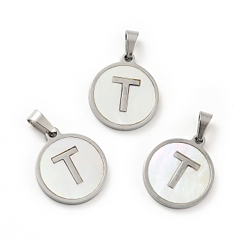 304 Stainless Steel with White Shell Pendants, Stainless Steel Color, Flat Round with Letter Charm, Letter.T, 18x16x1.5mm, Hole: 3x6mm
