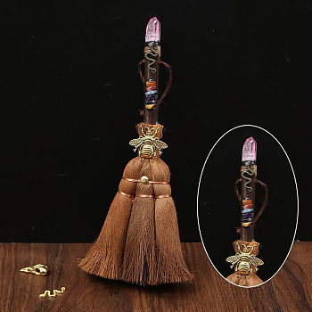 Wood Witch Broom with Synthetic Quartz Pendant Decorations, for Interior Car Mirror Hanging Decorations, 240~290mm