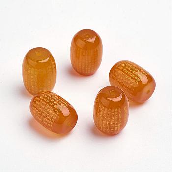 Natural Agate Beads, Carved with Buddhist Heart Sutra, Dyed & Heated, Barrel, Goldenrod, 13.5~14x10~10.5mm, Hole: 1mm
