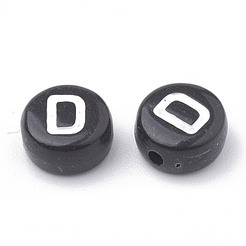 Opaque Acrylic Beads, Horizontal Hole, Alphabet Style, Flat Round, Letter.D, 7x4mm, Hole: 1.5mm, about 370pcs/50g