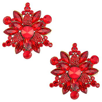 2Pcs Rhinestone Flower Brooch Pin, Antique Golden Alloy Badge for Backpack Clothes, Light Siam, 53.5x47.5x10mm