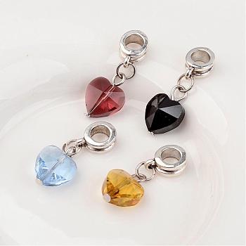 Faceted Heart Glass European Dangle Charms with Alloy Findings, Mixed Color, 26mm, Hole: 4.5mm