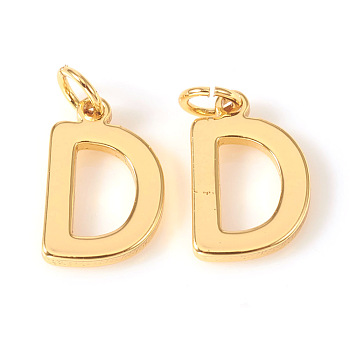 Brass Charms, with Jump Rings, Letter, Real 18K Gold Plated, Letter.D, D: 10x7x1mm, Hole: 2.5mm