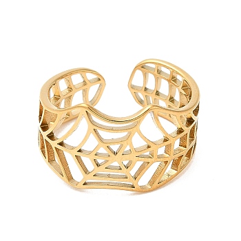 Ion Plating(IP) 304 Stainless Steel Hollow Spider Web Open Cuff Ring for Women, Real 18K Gold Plated, US Size 6(16.5mm)