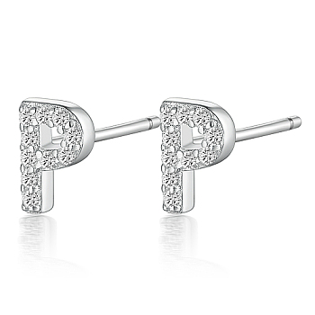 Rhodium Plated 925 Sterling Silver Initial Letter Stud Earrings, with Cubic Zirconia, Platinum, Letter P, 5x5mm