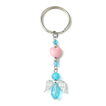 Glass & Acrylic Pendant Keychain, with Iron Split Key Rings, Heart & Angel, Dark Turquoise, 8.1~8.2cm