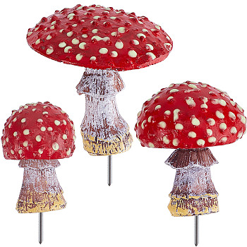 Resin Miniature Luminous Mushroom Ornaments, with Iron Pin, Micro Landscape Garden Dollhouse Accessories, Pretending Prop Decorations, Dark Red, 37~53.5x25.5~55mm, Pin: 1.5mm, 3pcs/set