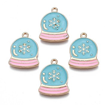 Rack Plating Alloy Enamel Pendants, Cadmium Free & Nickel Free & Lead Free, Light Gold, Crystal Ball with Snowflake, Turquoise, 21x17x2mm, Hole: 1.8mm