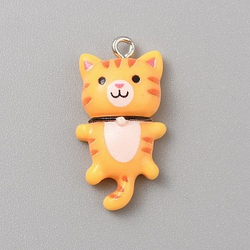 Opaque Resin Cat Pendants, Cute Kitten Charms with Platinum Plated Iron Loops, Orange, 29x15.5x7mm, Hole: 2mm