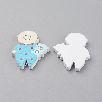 Printed Natural Wooden Beads, Dyed, Baby & Bear, Light Sky Blue, 35x28x4.5mm, Hole: 1.5mm