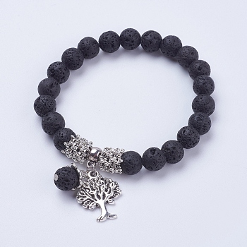 Natural Lava Rock Stretch Charm Bracelets, with Alloy Tree Pendants, with Burlap Paking Pouches Drawstring Bags, Antique Silver, 2-3/8 inch(60mm)