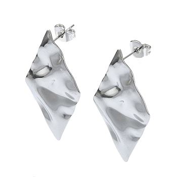 201 Stainless Steel Stud Earrings, with 304 Stainless Steel Pins, Textured Rhombus, Stainless Steel Color, 32.5x18mm