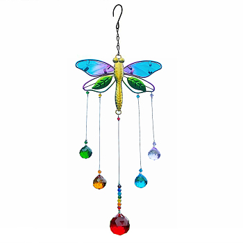 Glass Teardrop Pendant Decoration, with Iron Findings and Alloy Dragonfly Link for Home Garden Decoration, Colorful, 410x148mm