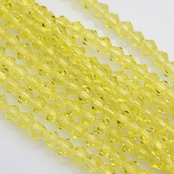 Bicone Glass Beads Strands, Faceted, Yellow, 4x4mm, Hole: 1mm