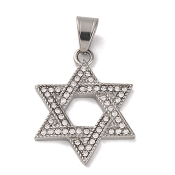 304 Stainless Steel Rhinestone Pendants, Star of David, Stainless Steel Color, 39x30x3.5mm, Hole: 10x6mm