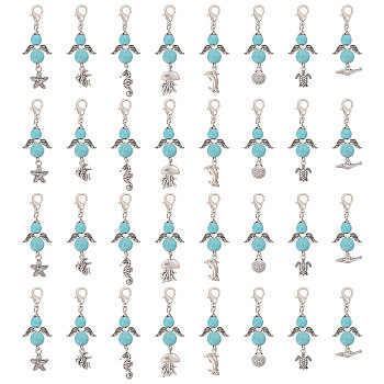 32Pcs 8 Styles Synthetic Turquoise Beads & Alloy Sea Animal Pendant Decorations, with Zinc Alloy Lobster Claw Clasps, Shell Shape/Starfish/Tortoise, Antique Silver, 52~66mm, 4pcs/style