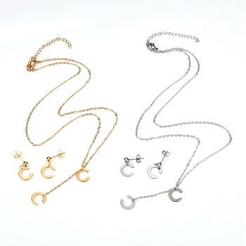 304 Stainless Steel Jewelry Sets, Cable Chains Pendant Necklaces and Stud Earrings, with Lobster Claw Clasps and Ear Nuts, Alphabet, Golden & Stainless Steel Color, Letter.C, 17.71 inch(45cm),  11x10.5x0.5mm, Pin: 0.8mm