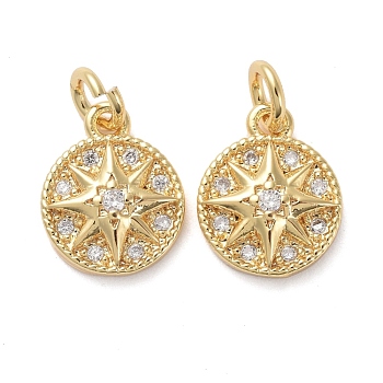 Brass Micro Pave Clear Cubic Zirconia Charms, with Jump Rings, Flat Round with Star, Golden, 11x9x3mm, Hole: 3mm
