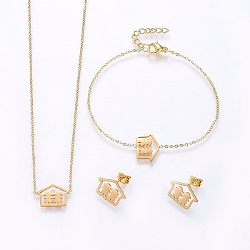 304 Stainless Steel Jewelry Sets, Pendant Necklaces & Stud Earrings & Bracelets, House with Girl, Golden, 16.54 inch(42cm), 7-1/8 inch(18cm), 11x15x1mm, Pin: 0.8mm