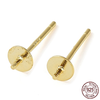 925 Sterling Silver Stud Earring Findings, Flat Pad, for Half Drilled Bead, with S925 Stamp, Real 18K Gold Plated, 12.5x4mm, Pin: 0.7mm