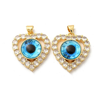 Real 18K Gold Plated Brass Pendants, with Glass and Acrylic, Heart with Evil Eye Charms, Deep Sky Blue, 26x22.5x7mm, Hole: 4.5x3.5mm