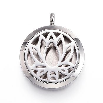 316 Surgical Stainless Steel Diffuser Locket Pendants, with Perfume Pad and Magnetic Clasps, Flat Round with Lotus, Stainless Steel Color, Mixed Color, 36.5~37x30x6~6.5mm, Hole: 5mm, inner diameter: 23mm