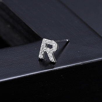 Platinum Brass Micro Pave Cubic Zirconia Stud Earrings, Initial Letter, Letter R, No Size