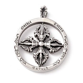304 Stainless Steel Pendants, Flat Round with Cross, Antique Silver, 57.5x45x8.5mm, Hole: 6x8mm