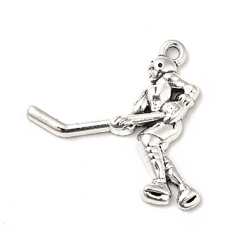 Tibetan Style Alloy Pendants, Hockey Player Charms, Antique Silver, 26.5x26x3mm, Hole: 1.5mm