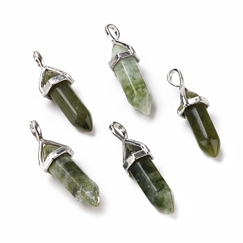 Natural Green Xinyi Jade, Chinese Southern Jade Pendants, Faceted, with Platinum Tone Brass Findings, Lead free & Cadmium Free, Bullet, 27~30x9~10x7~8mm, Hole: 4x3mm