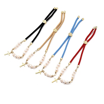 Adjustable Nylon Cord Slider Bracelets, Bolo Bracelets, with Natural Pearl Beads, 304 Stainless Steel Cross Charms and Brass Beads, Mixed Color, Inner Diameter: 1-5/8~3-7/8 inch(4~10cm)