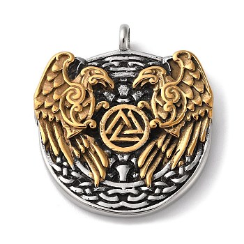 Ion Plating(IP) 304 Stainless Steel Pendants, Flat Round with Eagle & Valknut Charm, Antique Silver & Antique Golden, 44.5x39x7.5mm, Hole: 5mm